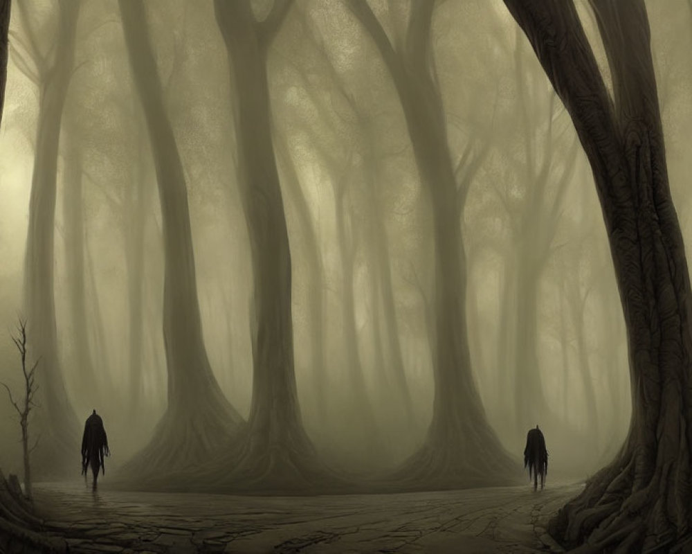 Silhouetted figures in misty, eerie forest with twisted trees