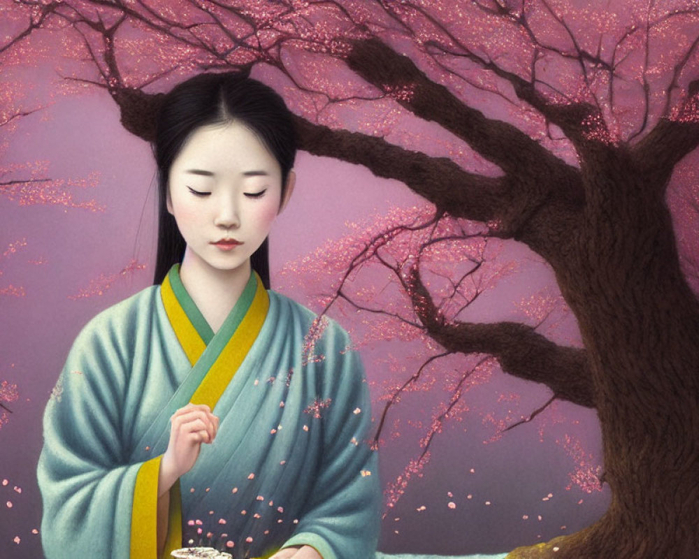 Woman in Green Kimono Standing Under Cherry Blossom Tree