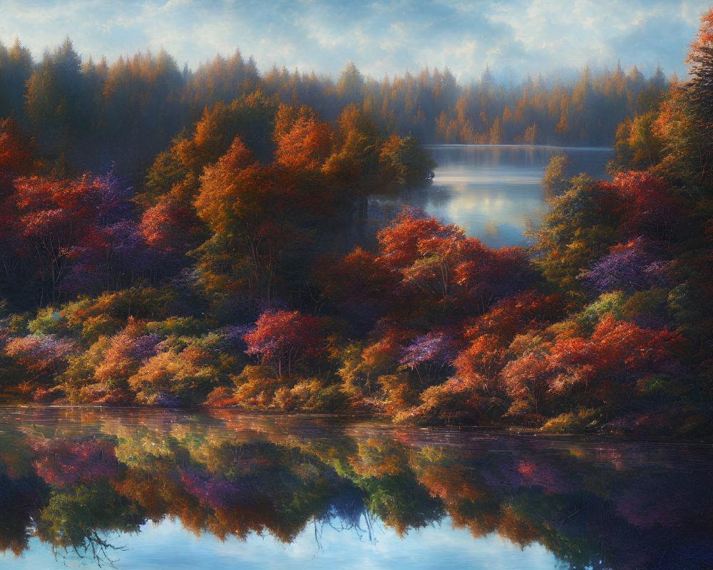 Tranquil lake with autumn tree reflections in red, orange, and purple