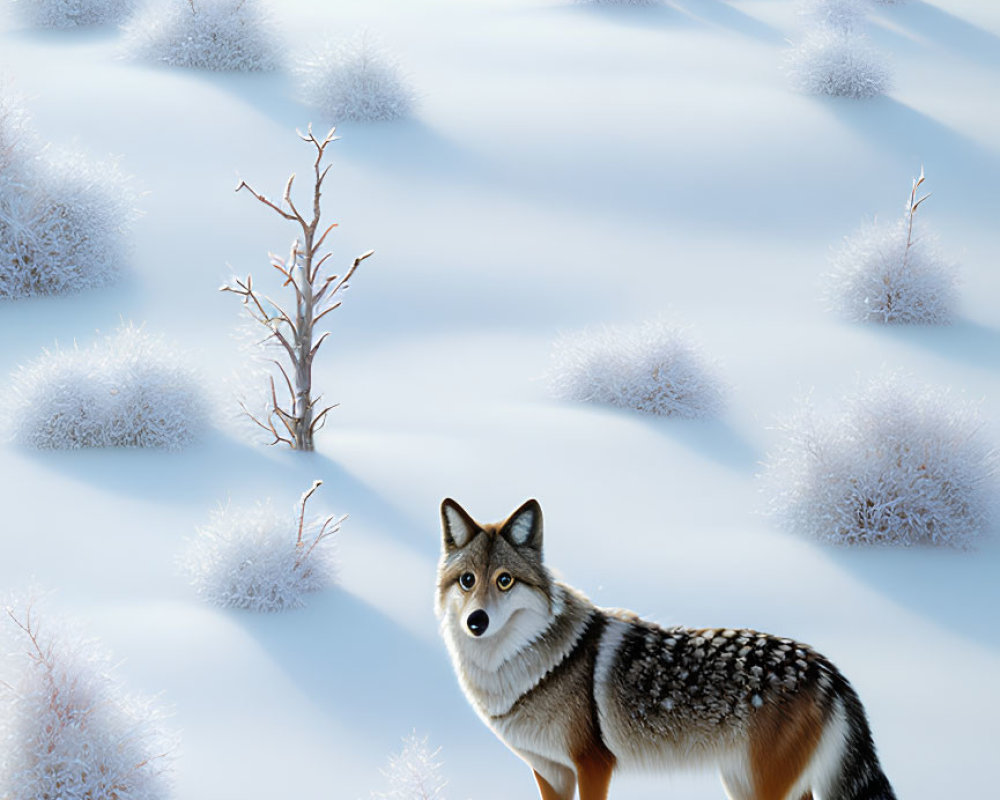 Adult wolf and cub in serene snowy landscape