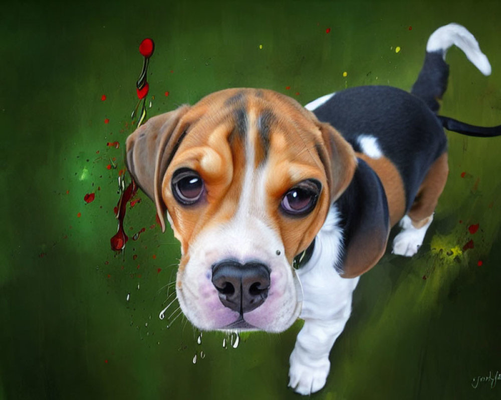 Curious Beagle Puppy on Green Background with Red Paint Splatters