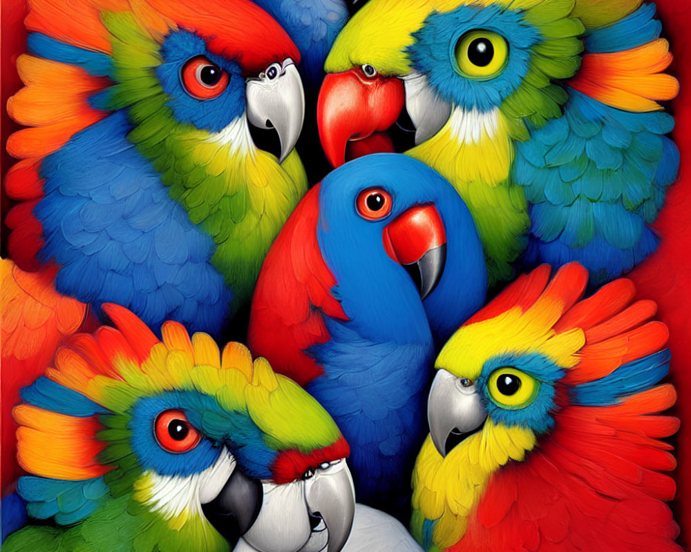 Colorful Parrots Artwork: Vibrant Group Displaying Blue, Green, Yellow, and Red