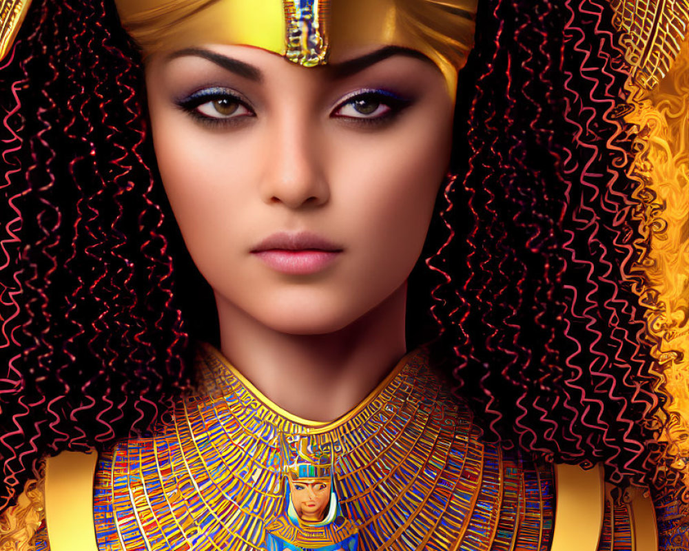 Digital artwork of a woman as an ancient Egyptian pharaoh with golden headdress and vibrant blue and gold