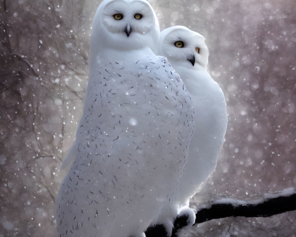 Snowy owls perched on branch in falling snow scene