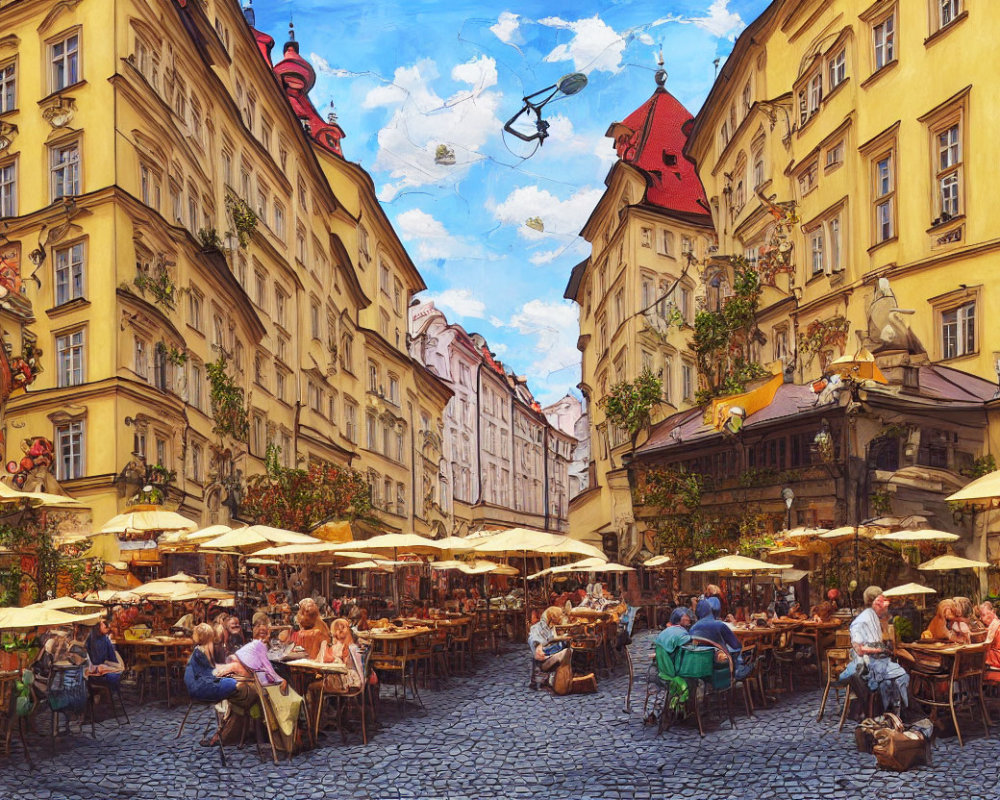 European Café Scene: Outdoor Dining Under Umbrellas & Historic Buildings