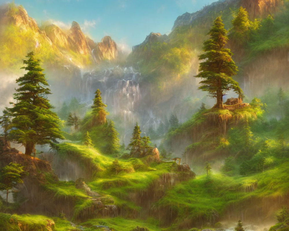 Scenic landscape with waterfalls, misty mountains, and coniferous trees