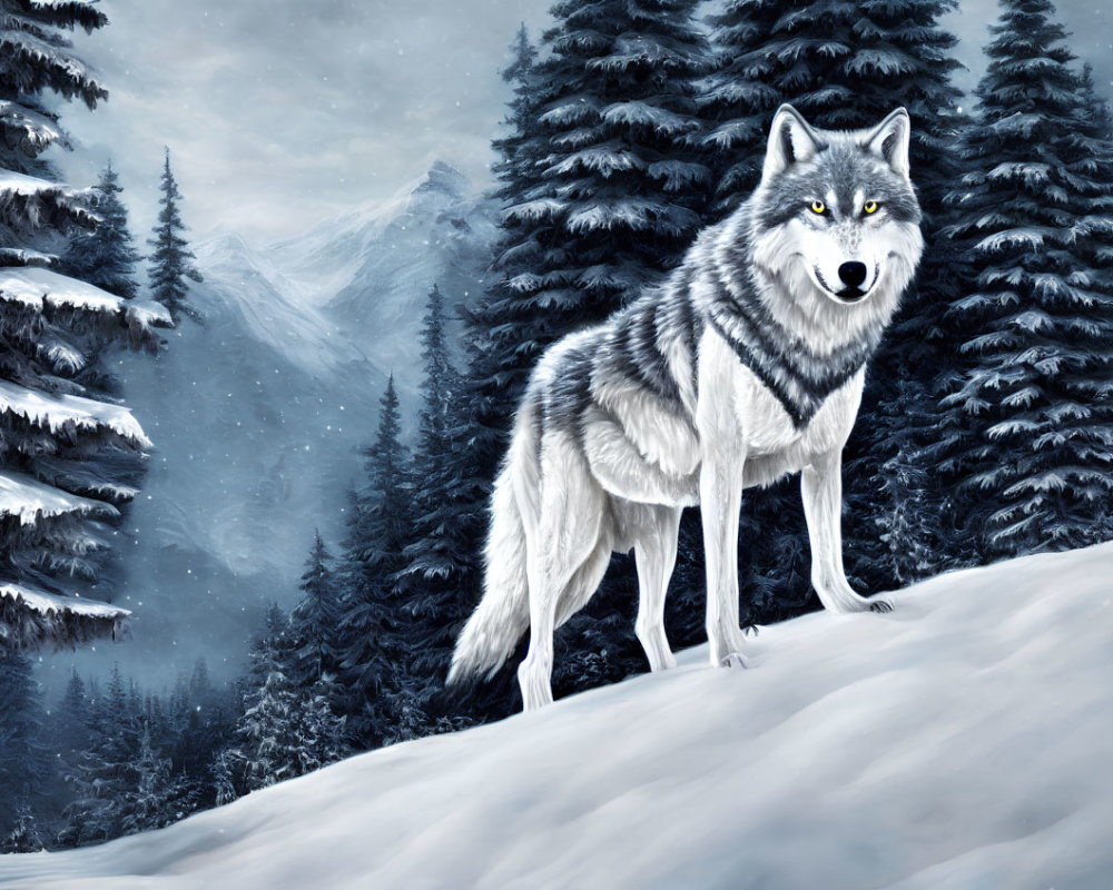 Majestic wolf in snowy forest with mountains