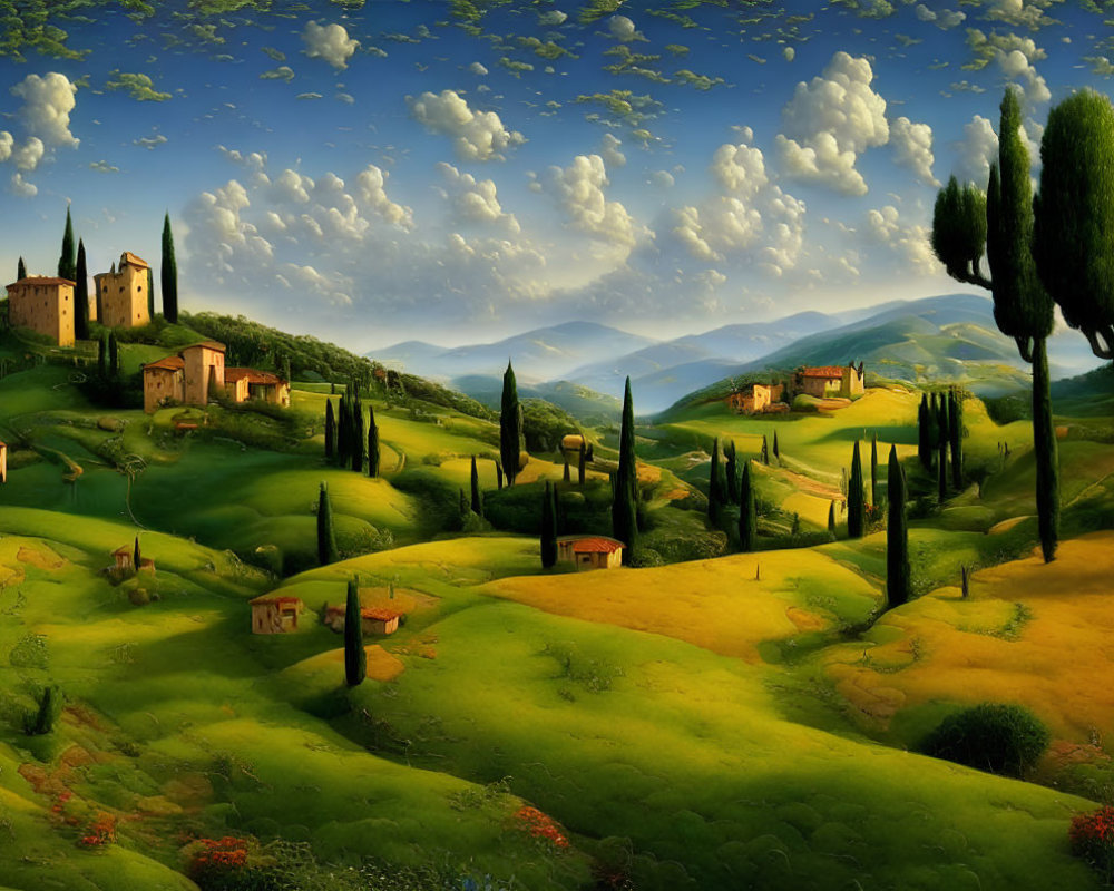 Scenic Tuscan landscape with rolling hills and cypress trees