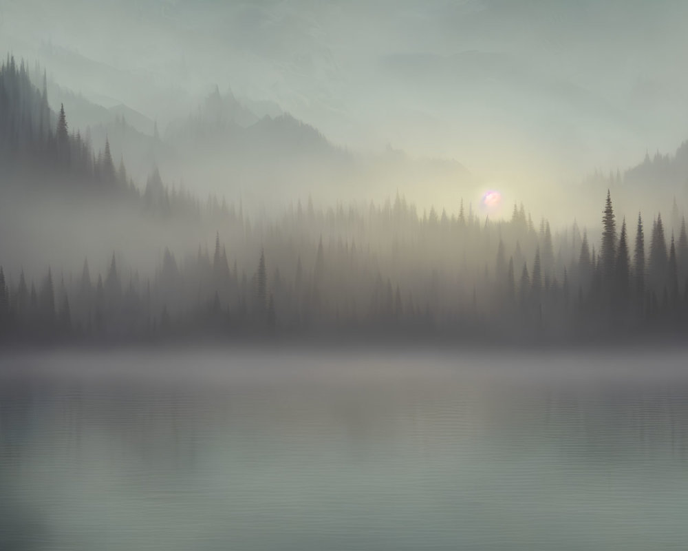 Misty Sunrise Over Forested Hills and Lake