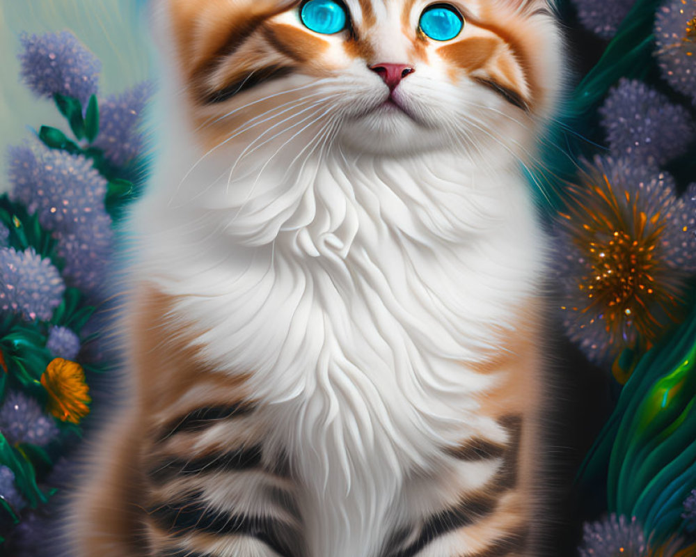 Colorful Digital Artwork of Fluffy Tabby Cat with Blue Eyes