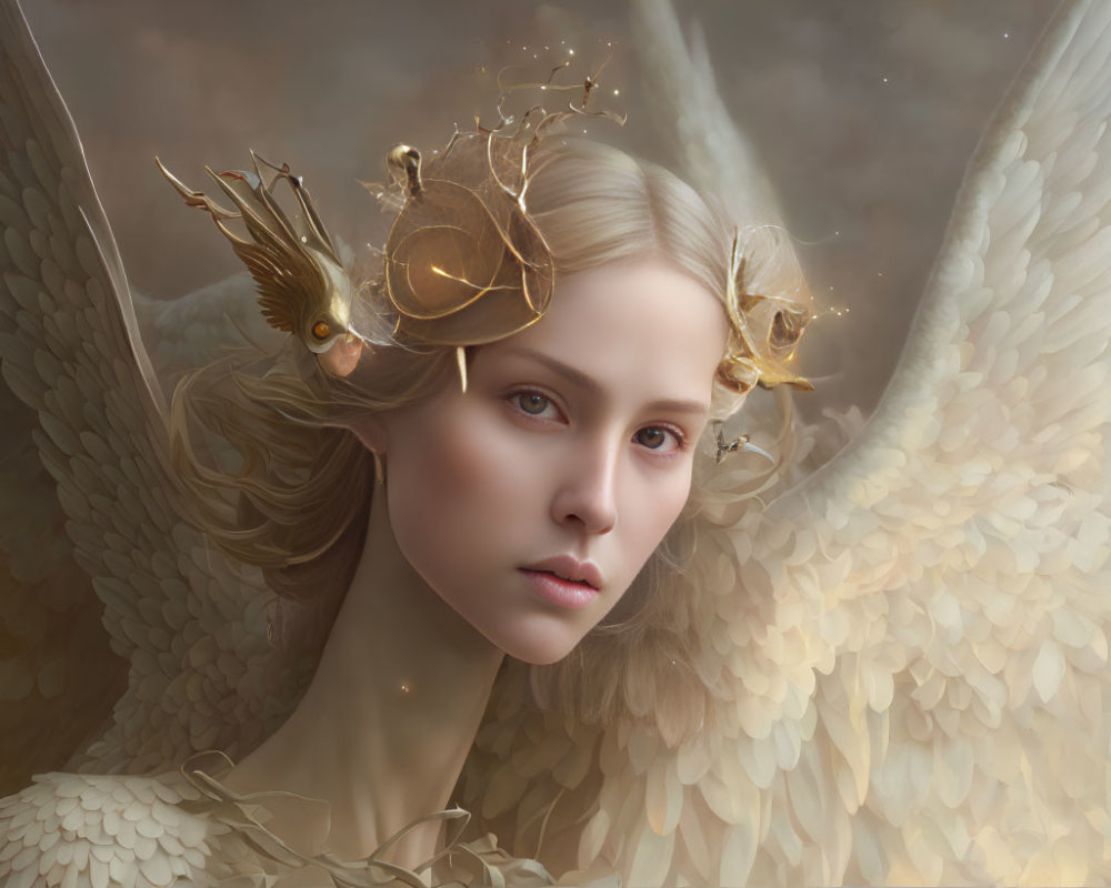 Ethereal woman with angel wings and golden bird-themed headdress