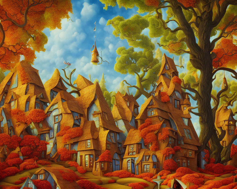 Whimsical Fantasy Village with Autumnal Trees and Flying Broomstick