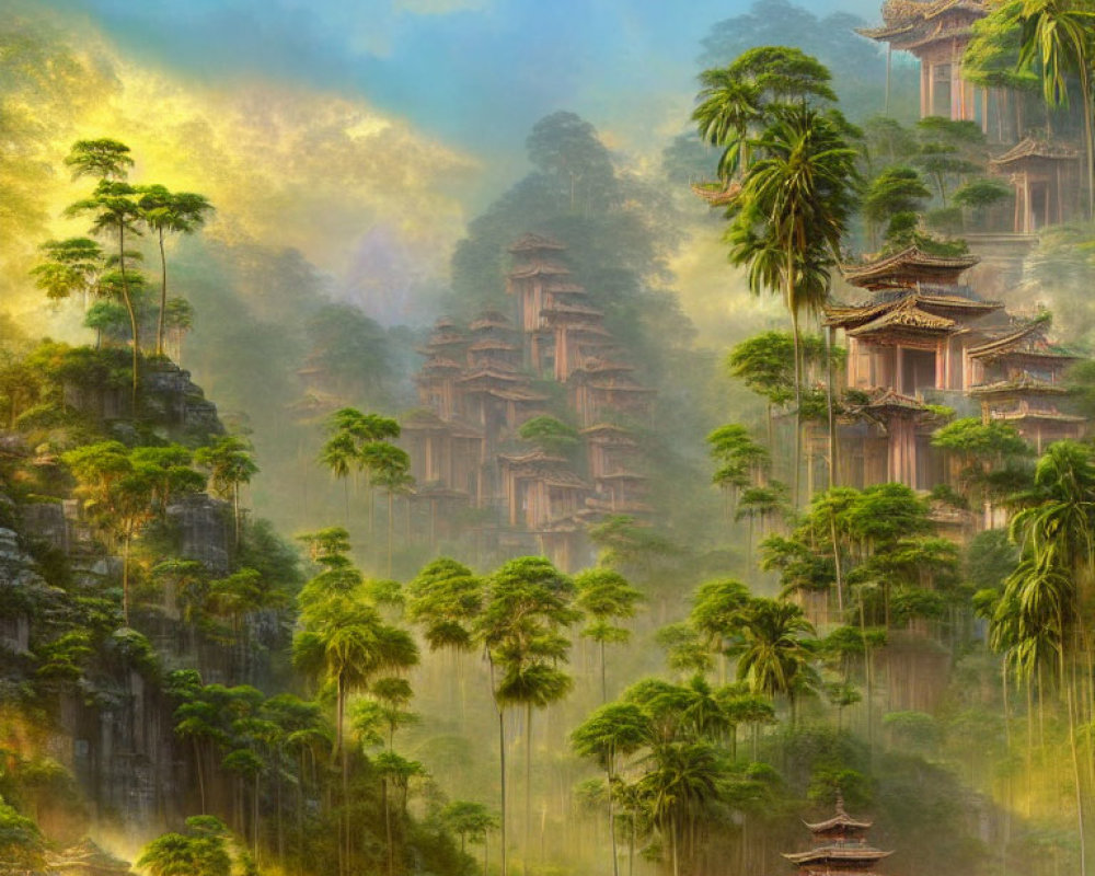 Misty mountains, lush greenery, and Asian-style pagodas in serene fantasy landscape