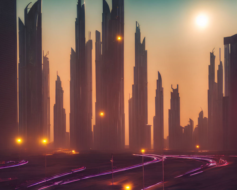 Futuristic city skyline at sunset with tall skyscrapers and streaks of light.