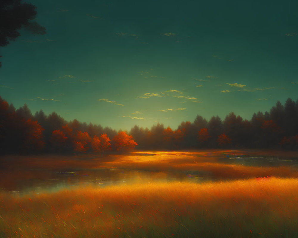 Golden sunrise over serene autumnal lake in forest