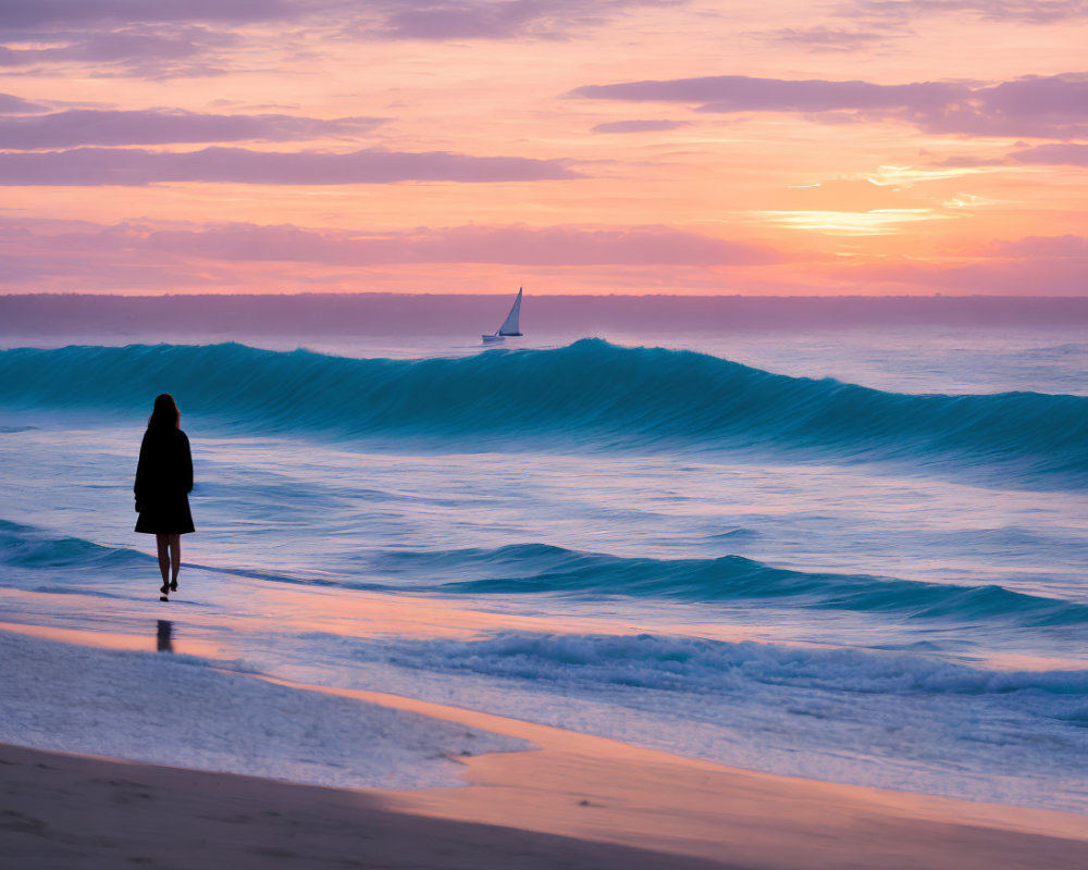 Silhouette of person at beach watching sunset over ocean with sailboat in distance