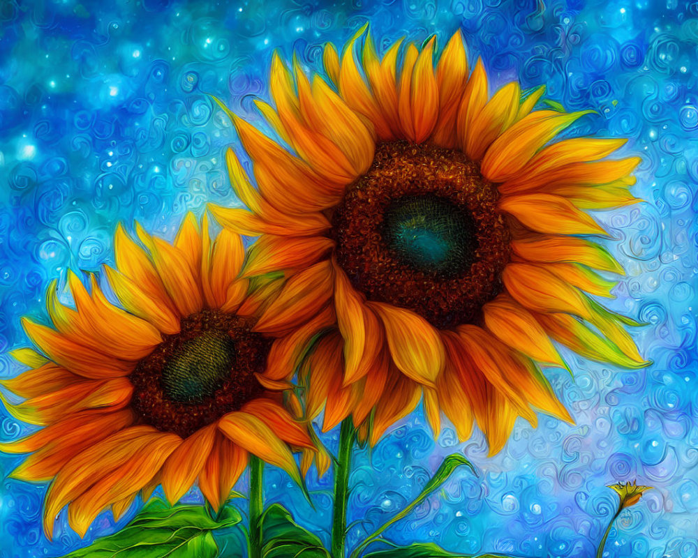 Vibrant sunflowers against a swirled blue background