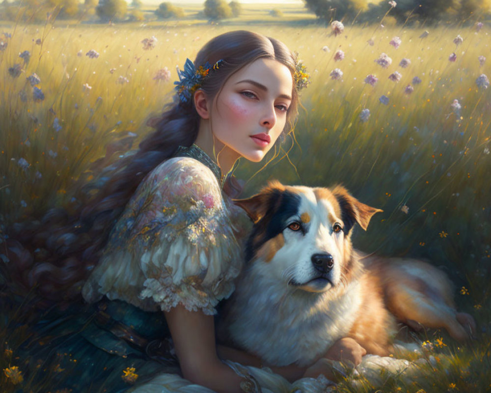 Woman with floral braid and fluffy dog in sunlit meadow surrounded by wildflowers