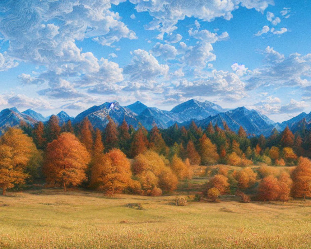 Scenic autumn landscape with forest, meadows, and mountains