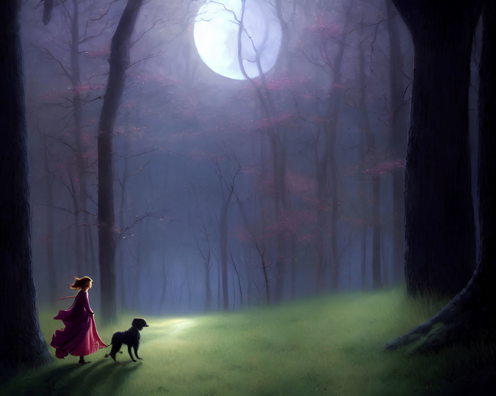 Woman in red dress with dog under glowing moon in enchanted forest