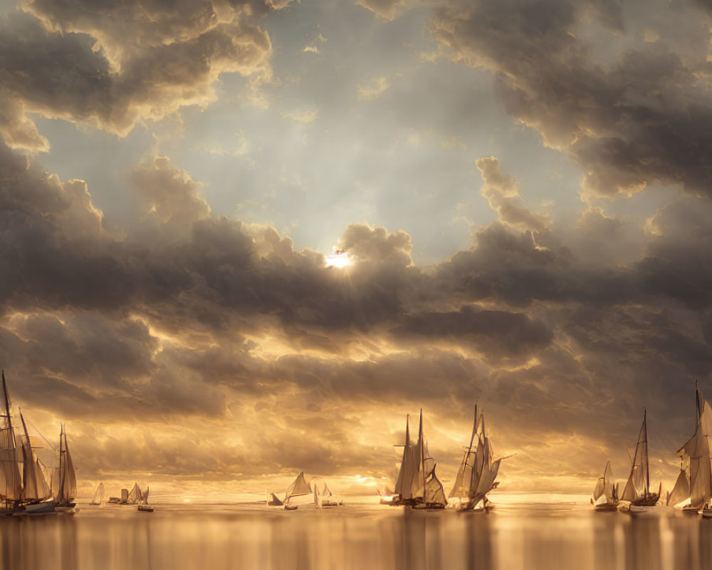 Seascape with sailing ships under dramatic sky at sunrise or sunset