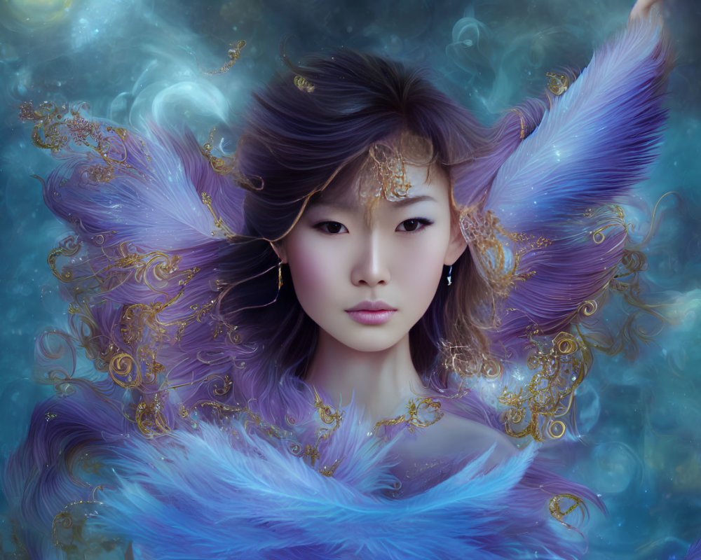 Ethereal portrait of a woman with purple feather wings and cosmic backdrop