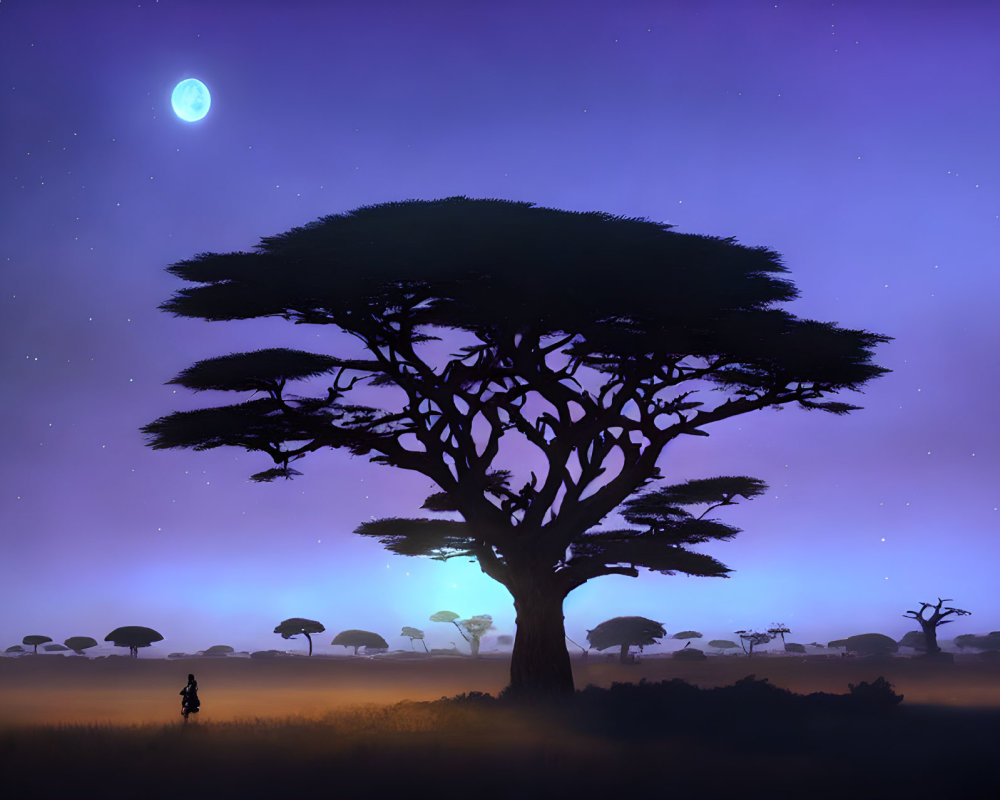 Tranquil nightscape with glowing moon, tree silhouette, and figure in purple savannah