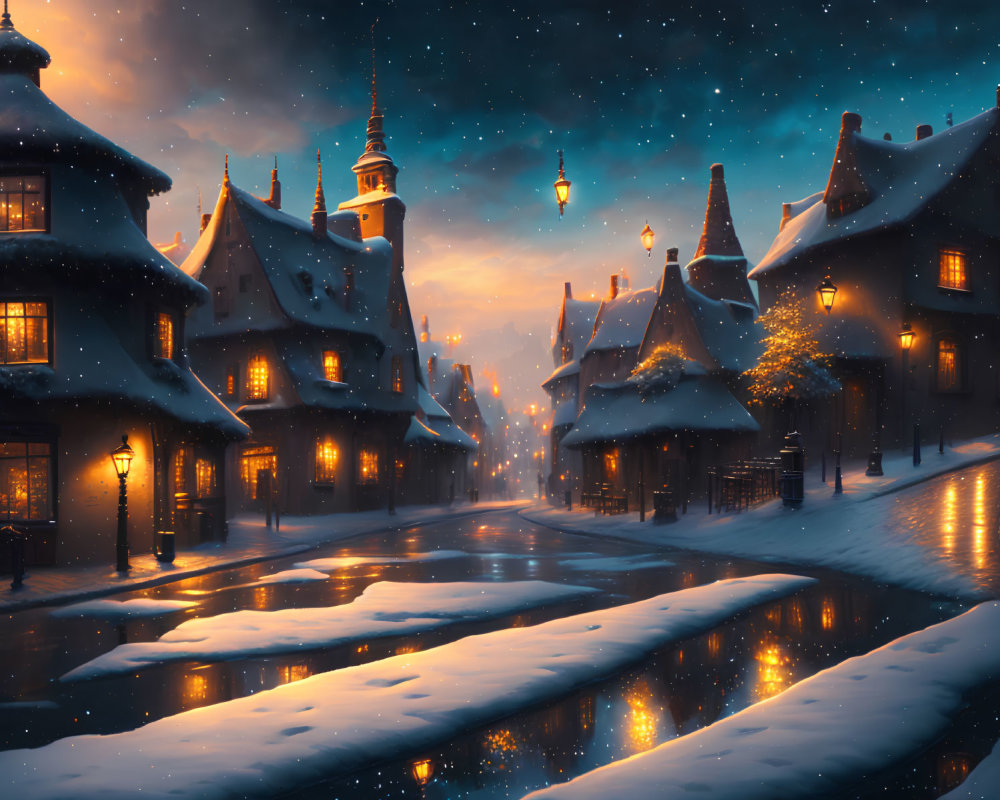 Snow-covered winter village with glowing street lamps and gentle river