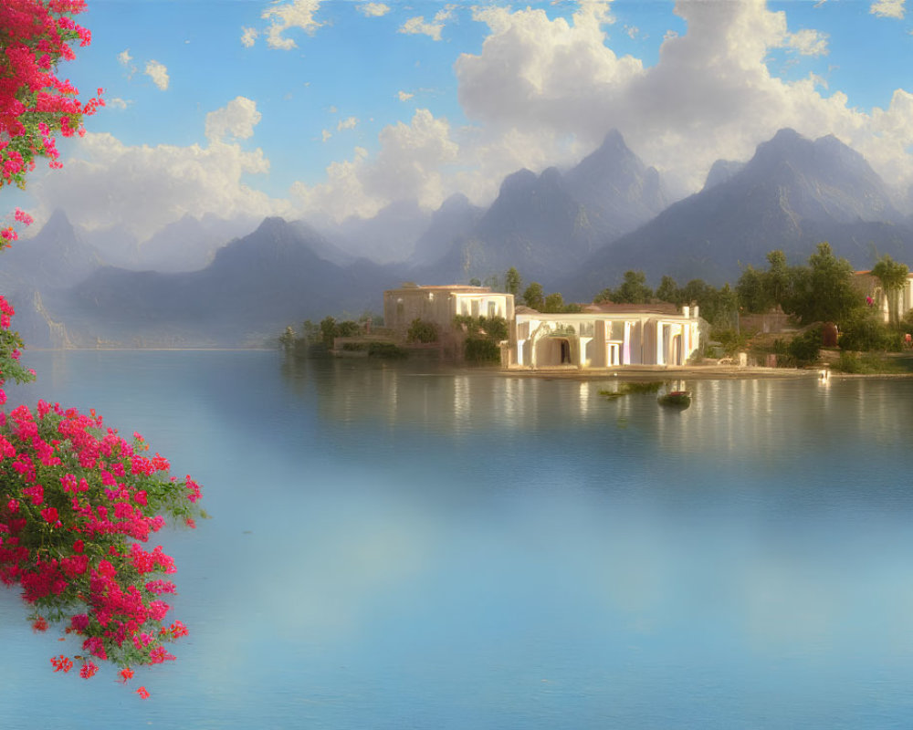 Tranquil lake mirroring mountains, classical building, lush greenery, pink flowers