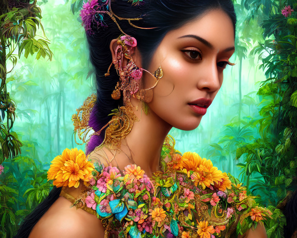 Portrait of Woman in Floral Dress and Gold Jewelry Against Forest Backdrop