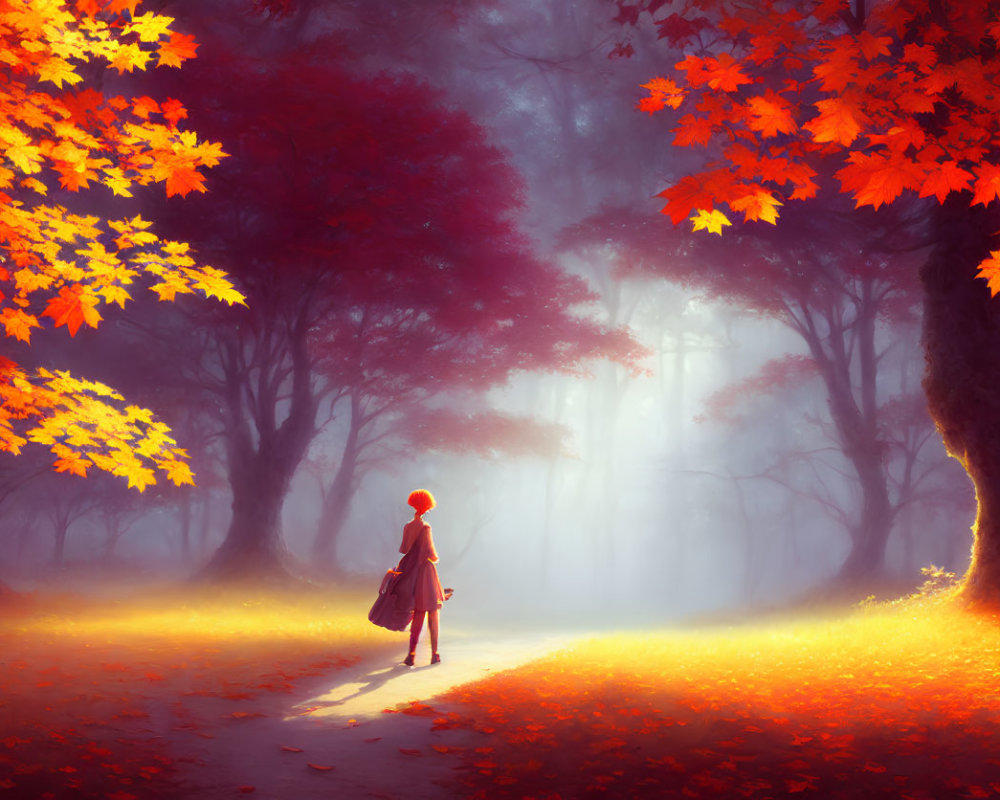 Person in Red Cloak Walking Through Autumn Forest with Vibrant Leaves