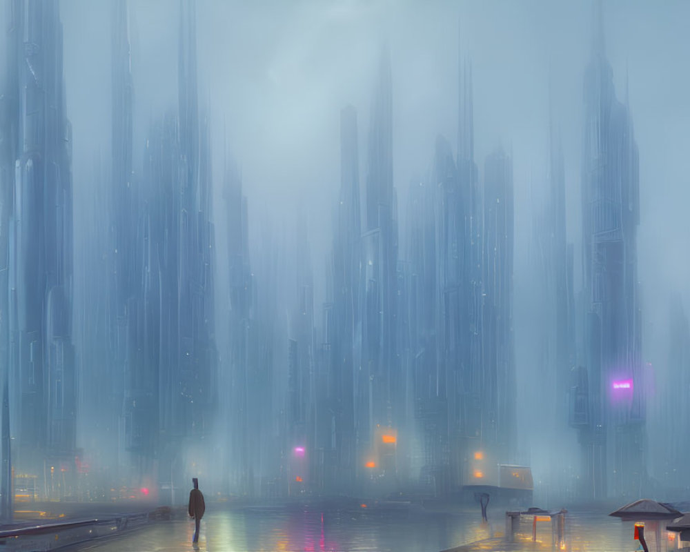 Foggy cyberpunk cityscape with skyscrapers and neon signs