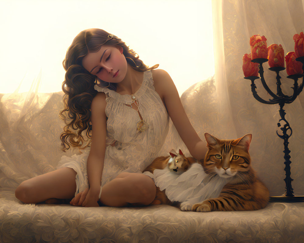 Serene girl with curly hair beside ginger cat on luxurious couch