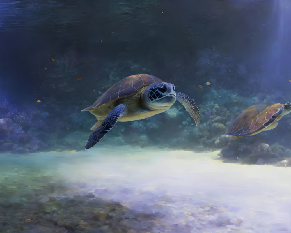 Sea Turtles Swimming Near Ocean Floor in Sunlit Waters