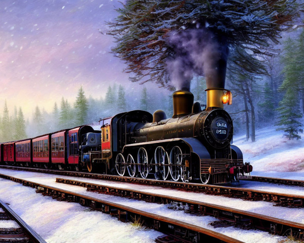 Vintage steam locomotive pulling red passenger cars through snow-covered pine forest at sunset