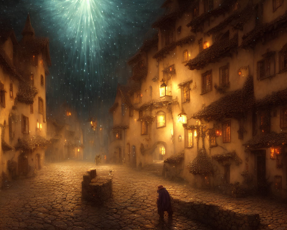 Person standing on cobblestone street in illuminated village at night under starry sky