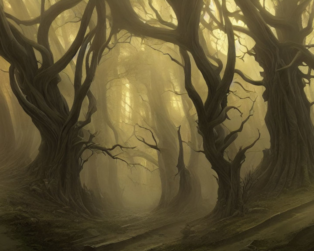 Enigmatic forest with towering, gnarled trees in golden fog