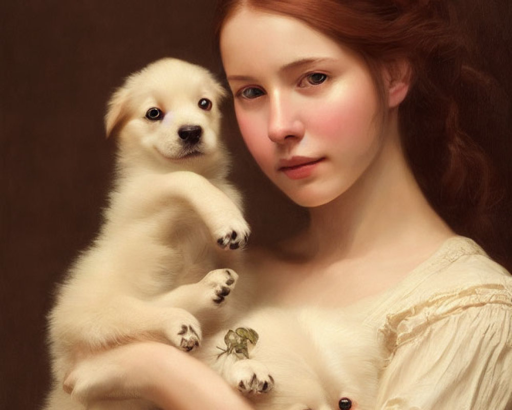 Red-haired woman with two fluffy puppies on arm and shoulder