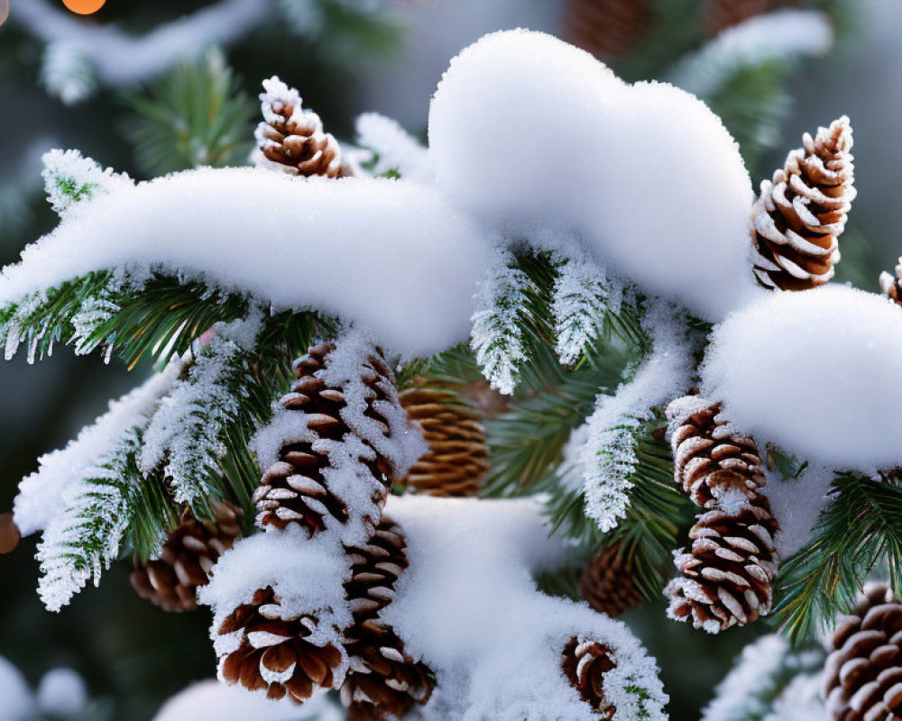 Snow-covered pine branches with brown cones in serene winter setting.