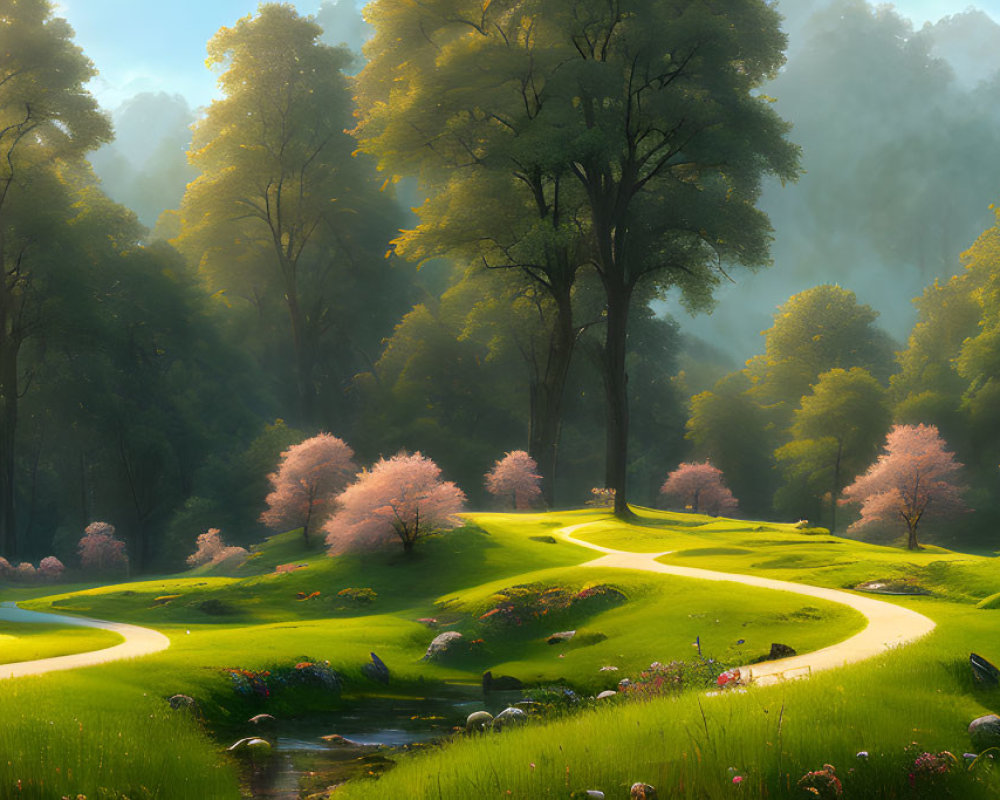 Scenic forest path with sunlight and pink blossoms