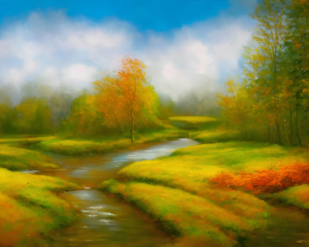 Tranquil landscape painting: meandering stream, lush autumnal trees, soft cloudy sky