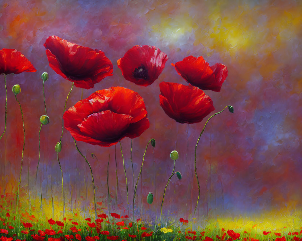 Colorful painting of blooming red poppies with wildflowers and luminous background