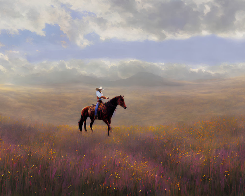 Solitary rider on chestnut horse in vast purple flower field