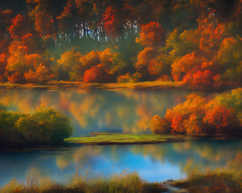 Vibrant autumn trees reflected in calm river waters