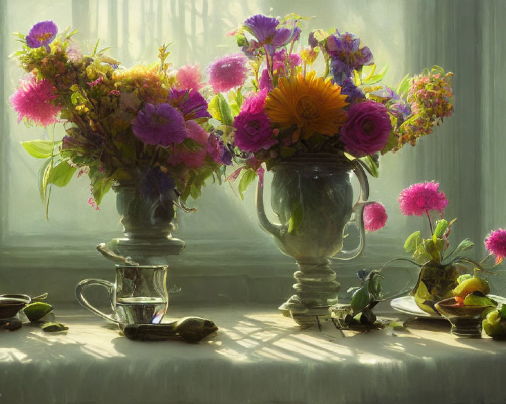 Ornate vases with vibrant flowers on sunlit windowsill