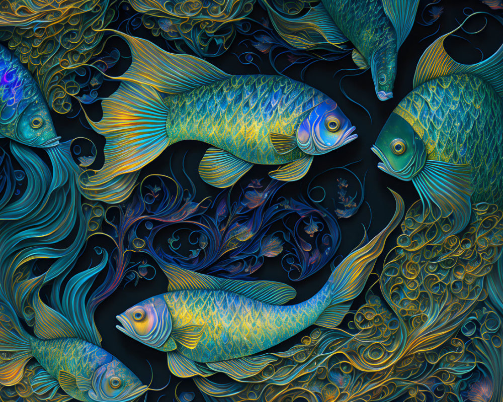 Colorful Fish Swimming in Intricate Swirling Patterns