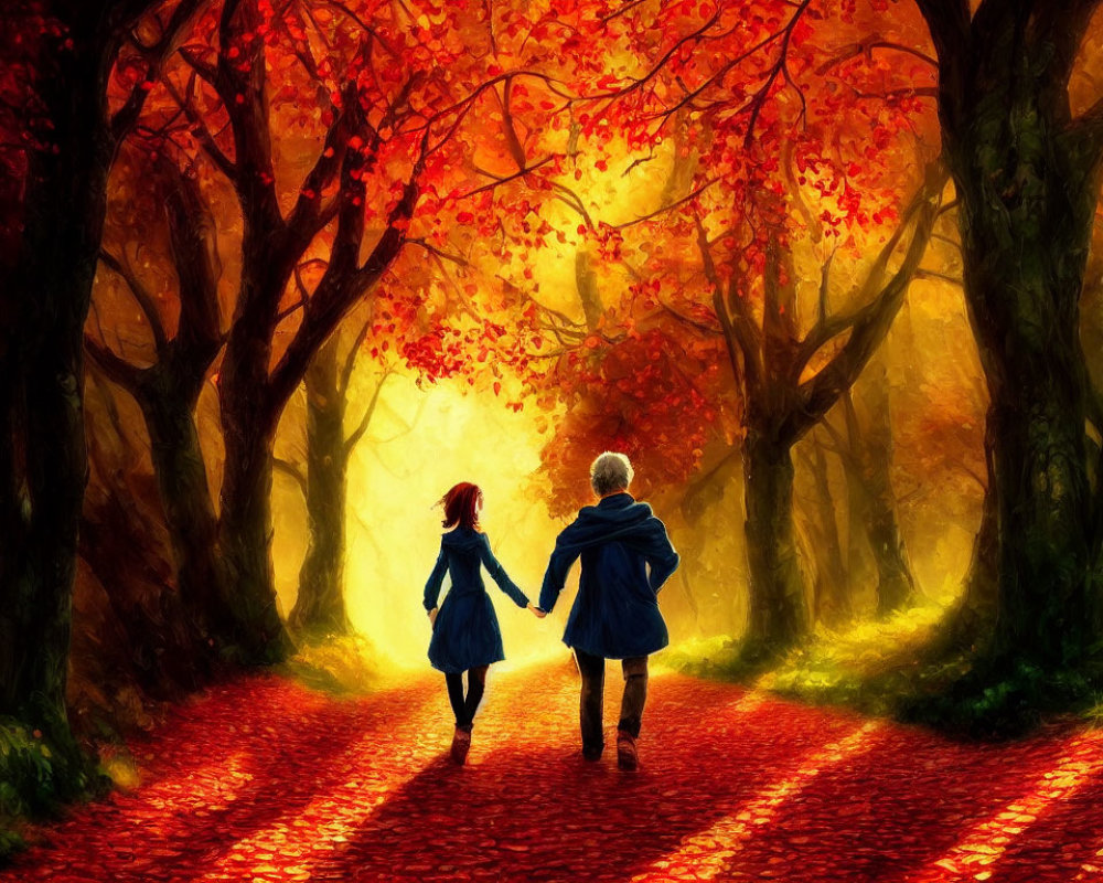 Children walking in vibrant autumn forest scenery