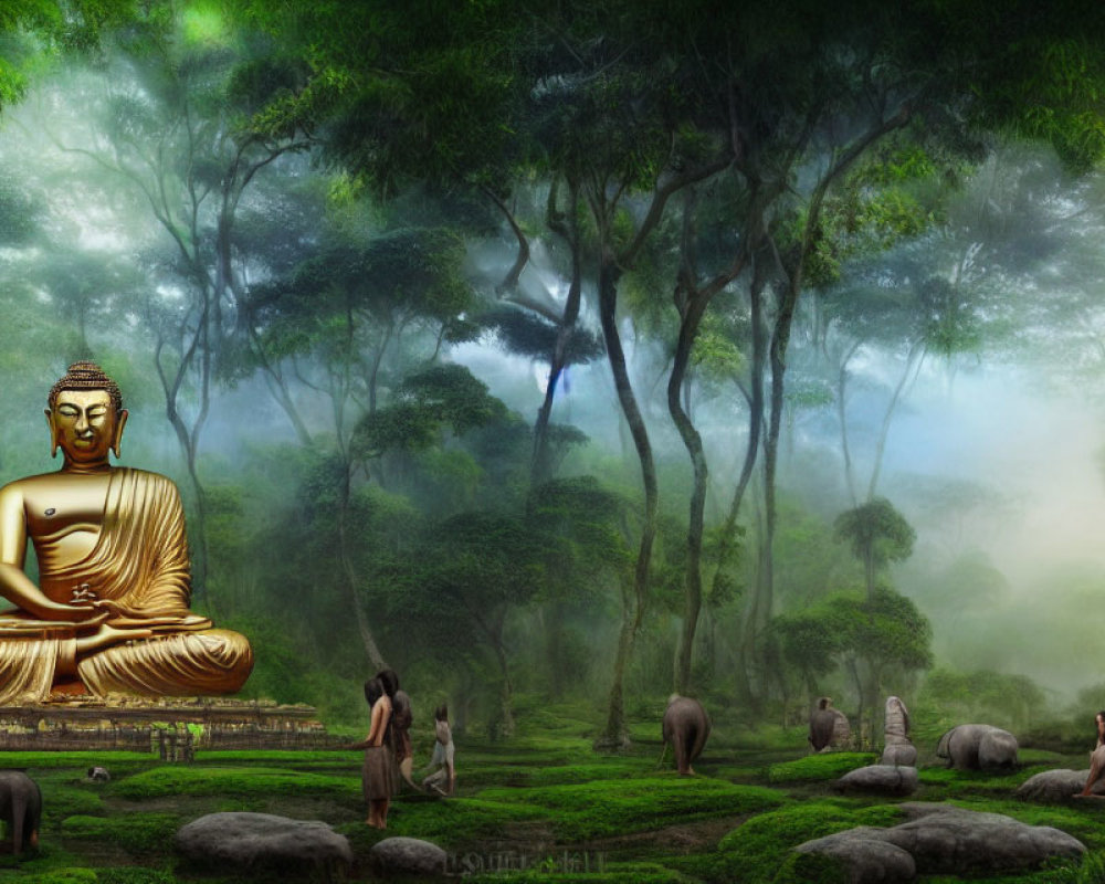 Large Buddha statue in lush forest with elephants and stone sculptures