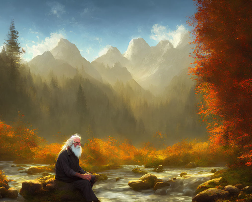 White-Haired Figure in Autumn Landscape with Stream and Mountains