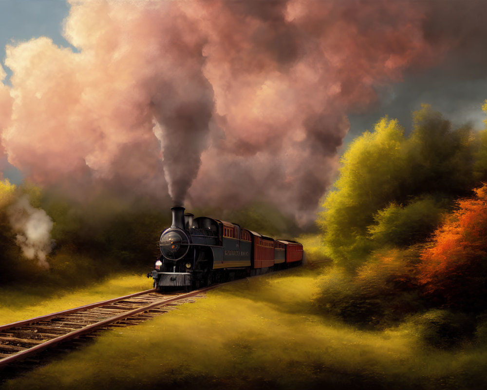 Vintage Steam Locomotive in Autumn Landscape with Dramatic Sky